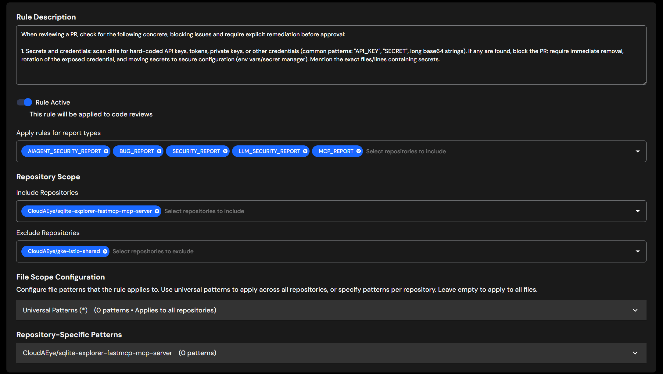 Custom rules configuration